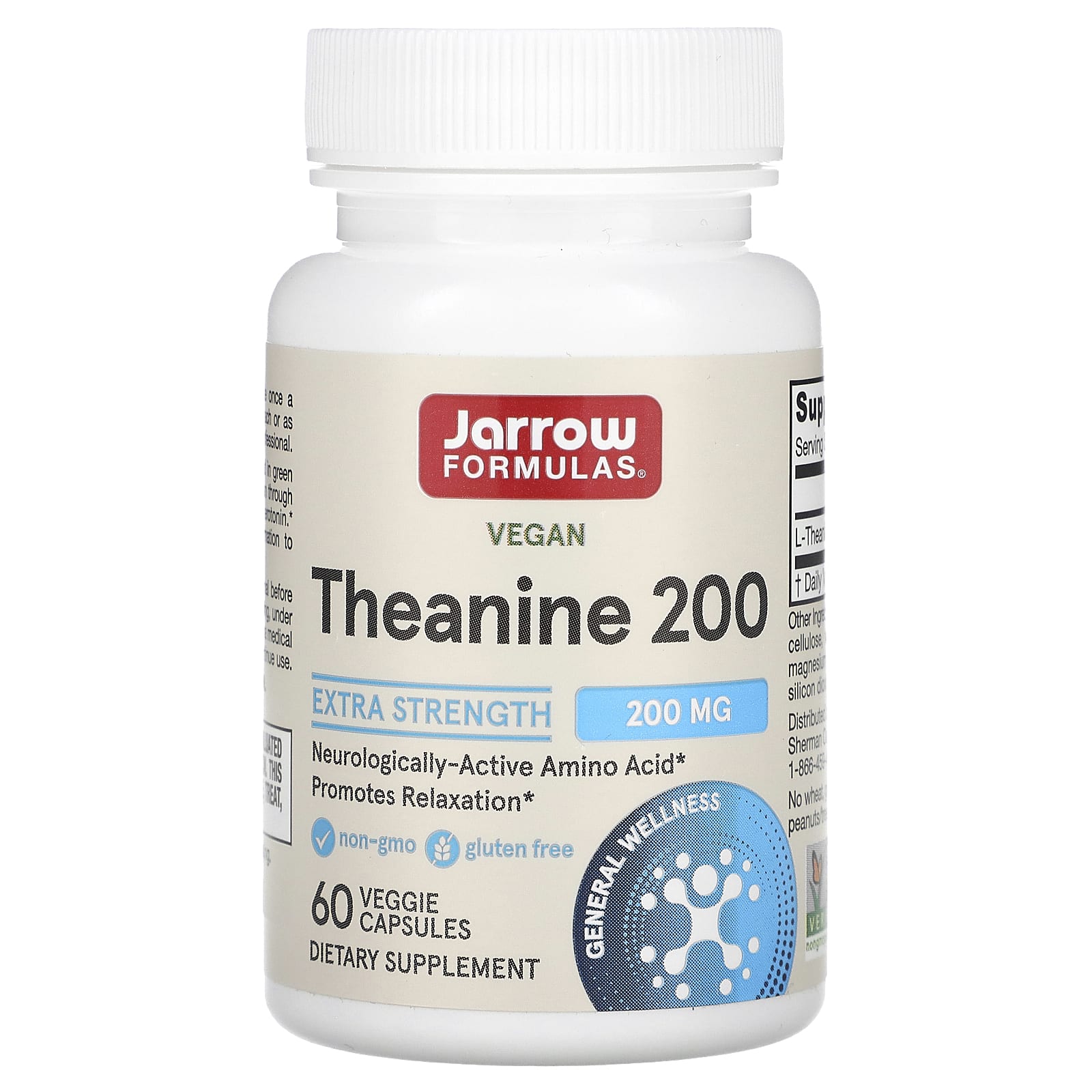 Jarrow Formulas, Theanine 200, 200 mg, 60 Veggie Caps UPC 790011150572 | HiLife Vitamins